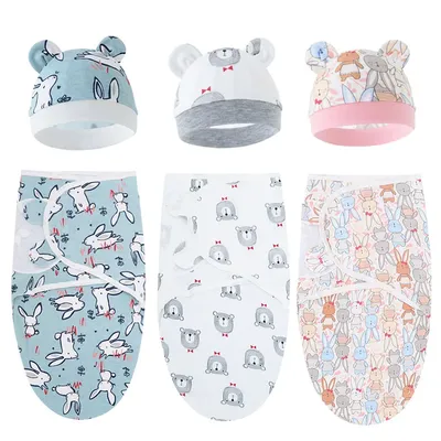 Bunny Bear Newborn Sleeping Bag Hat Set Cotton Cartoon Baby Swaddle Wrap Newborn Blanket Swaddles