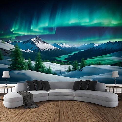 Natur Wandteppich zum Aufhängen, große Wandteppiche, Wanddekoration, Fotohintergrund, Decke, Vorhang, Zuhause, Schlafzimmer, Wohnzimmer, Dekoration, Nordlicht, Aurora Wandtuch XXL Natur Image