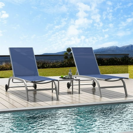 Chaise Lounge Chair Set of 3 with Moveable Wheels Aluminum Lounge Chairs with 5 Adjustable Position Backres Chaise Lounge Outdoor for Pool Garden Beach Blue