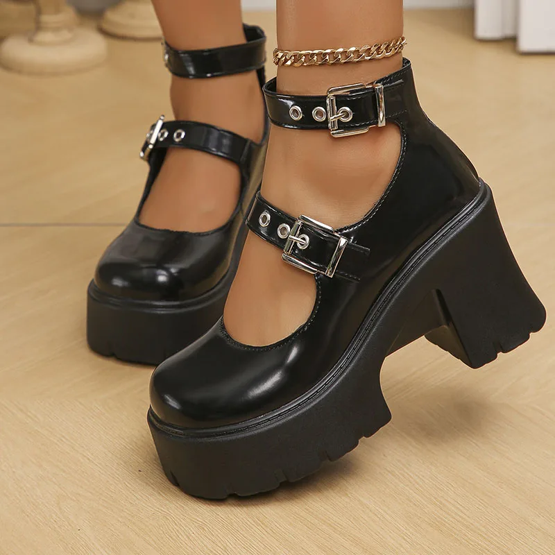 Chunky Plattform Punk Gothic Schuhe Frauen Knöchel Schnalle Super High Heels Pumps Frau 2025, Pu Leder Platz Ferse Mary Jane Schuhe