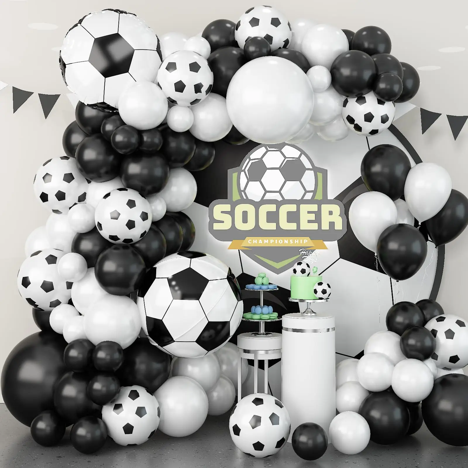 Fußball Thema Party Luftballons Girlande Bogen Kit Schwarz Weiß 4D Fußball Folienballon für Jungen Geburtstag Party Dekoration Image
