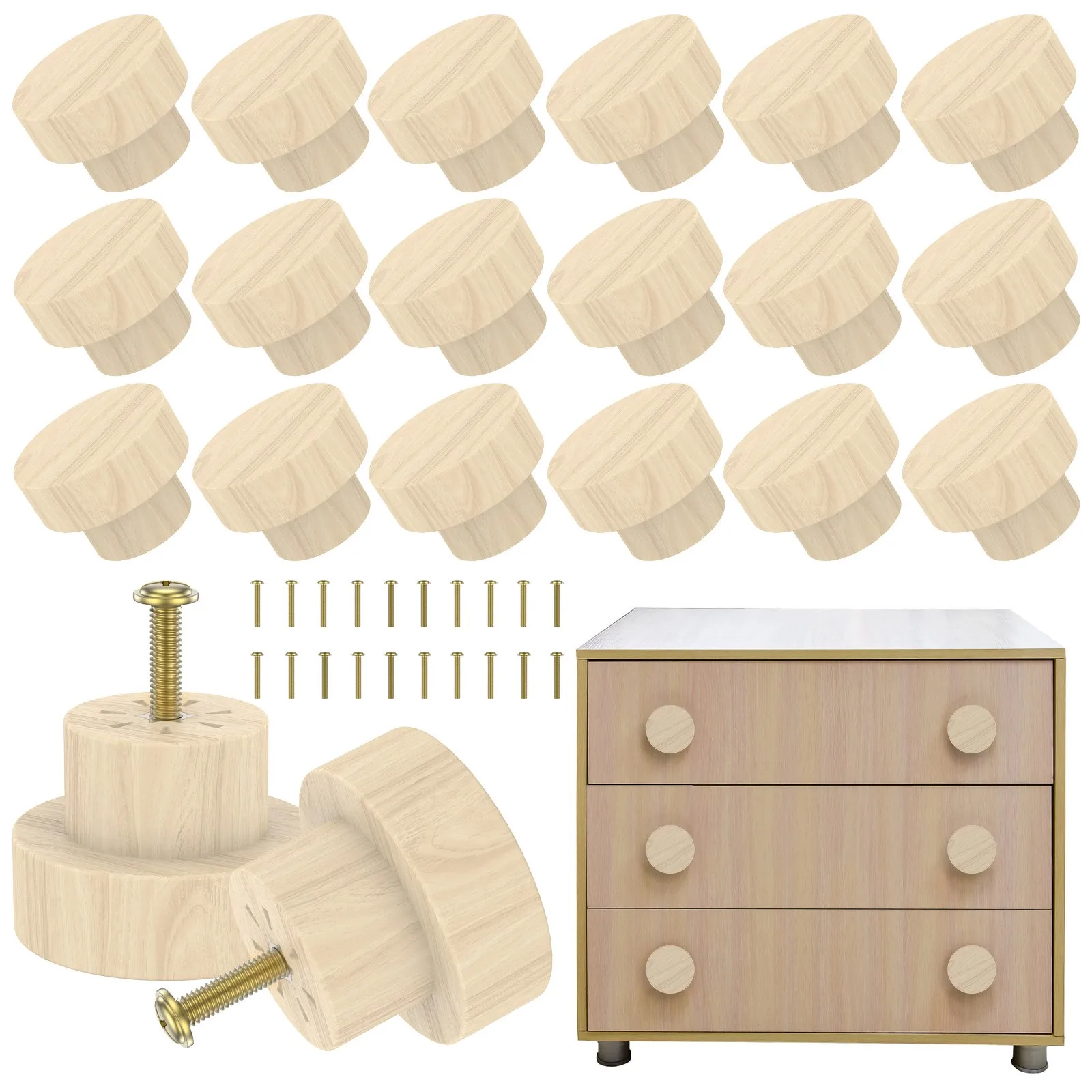 20-teiliges Schubladenknöpfe-Set aus Holz für Schrank, Möbel, Tür, Schublade, flache Oberseite, Zuggriff, rund, 35 mm, Kleiderschrank-Hardware Image