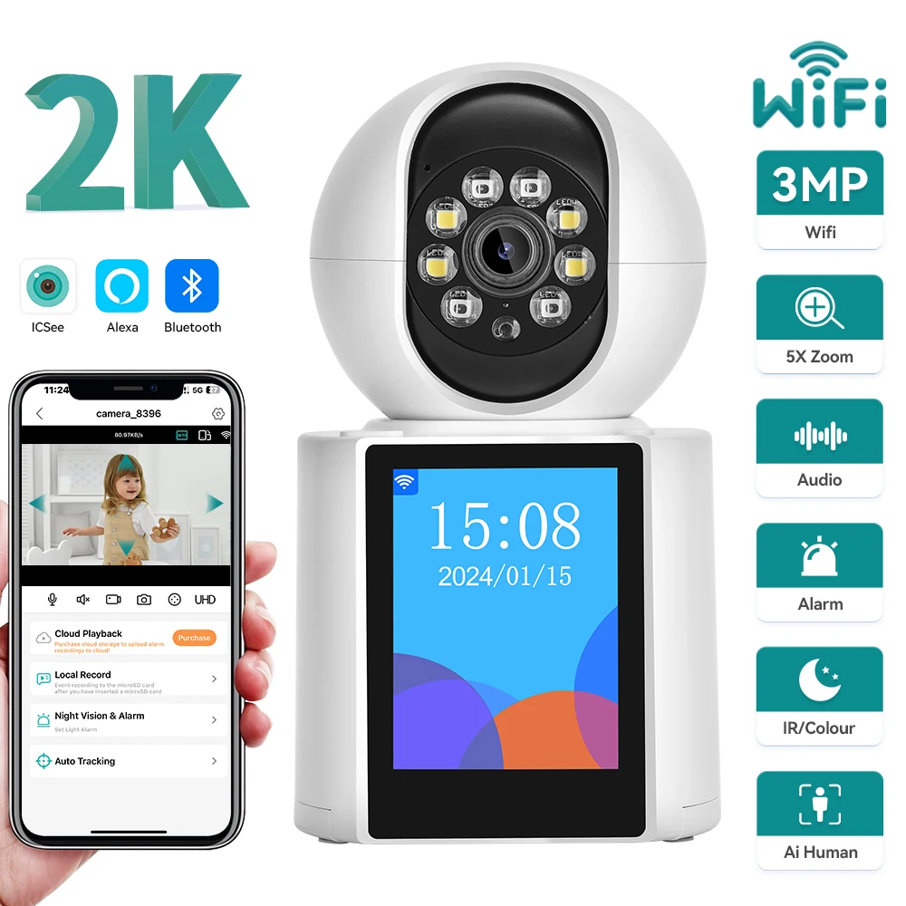 3mp wifi kamera baby phone 2,8 zoll bildschirm zwei wege audio video anruf ptz wifi ip kamera icsee smart home sicherheits kamera Image