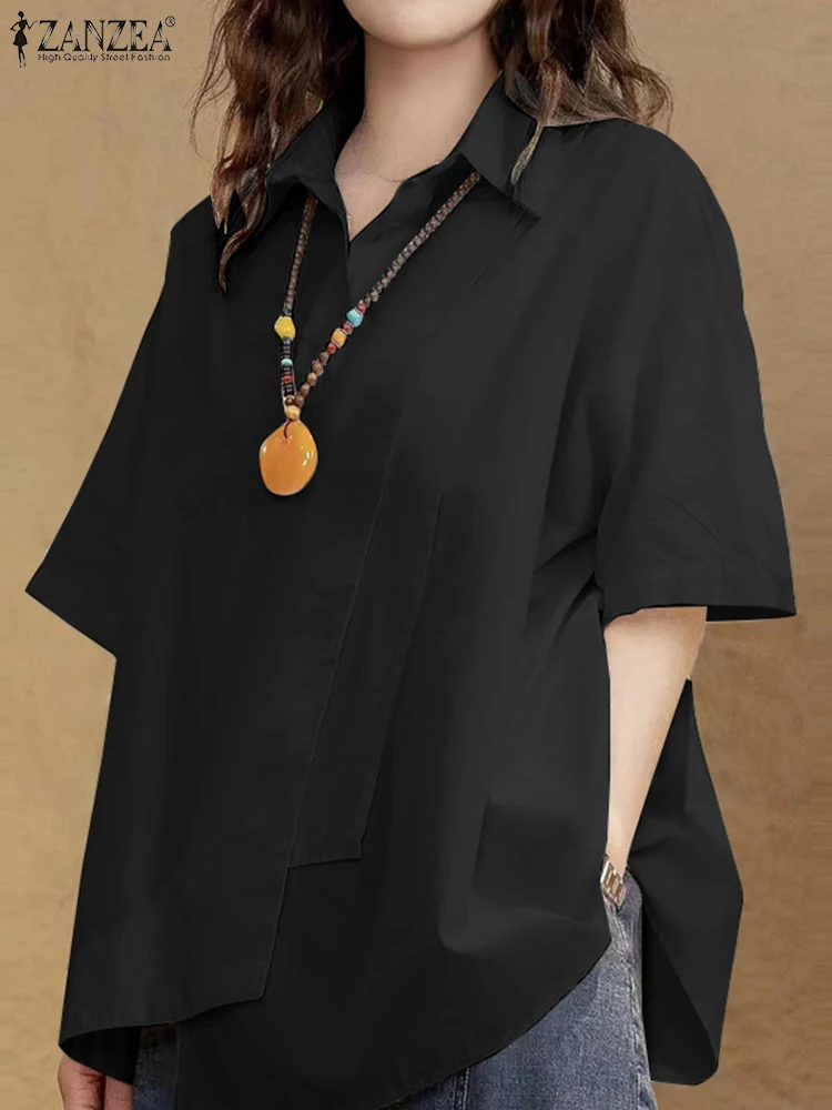Zanzea Mode unregelmäßige spezielle Bluse Frauen solide koreanische T-Shirt lässig lose übergroße Halbarm Tops 2024 Sommer Tuniken Image