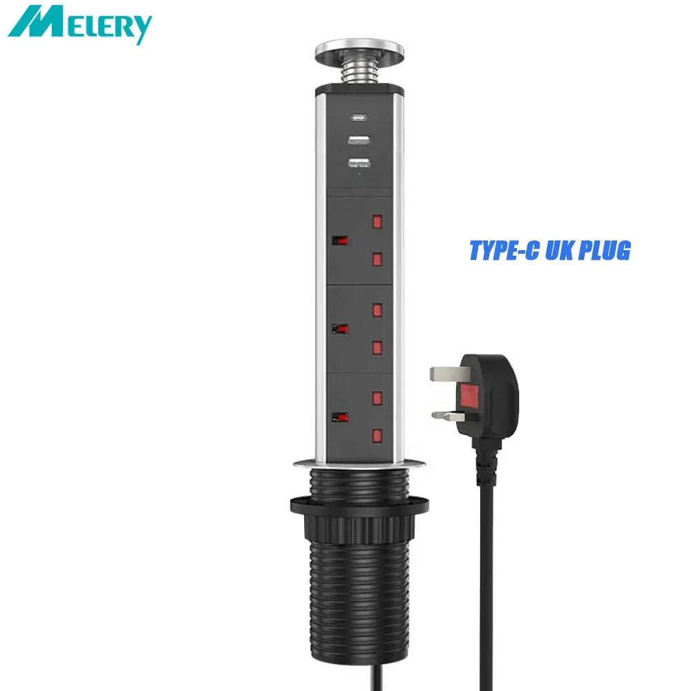 Melery UK Pop-up-Steckdose versteckter Tisch elektrischer Stecker USB-Typ-C-Steckdosen leisten Kabel verlängerung für Home Desk Büro Küche Image