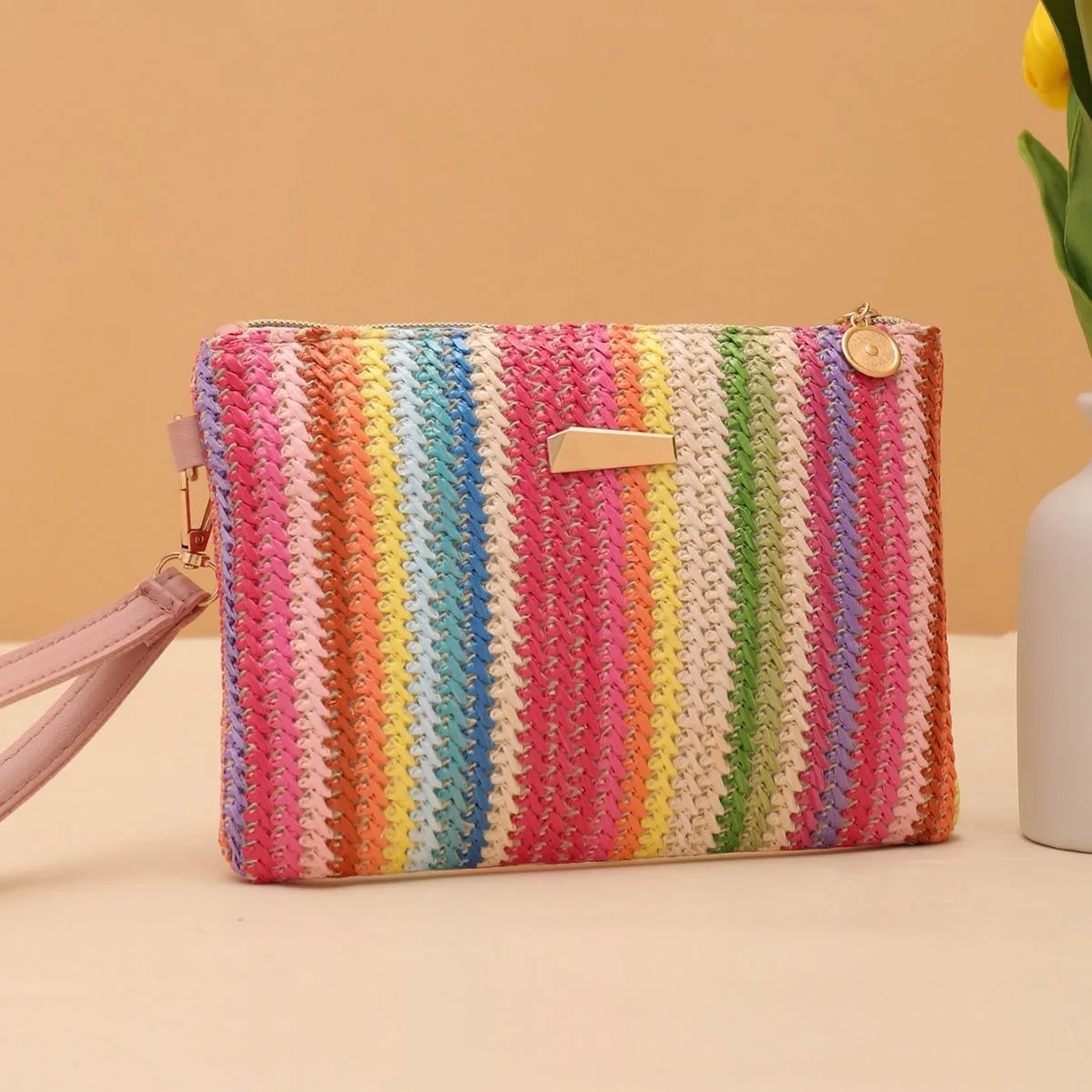 Borsa intrecciata di paglia colorata onda borsa da donna con pochette a scatto borsa da spiaggia estiva borsa intrecciata a mano borsa per cellulare portafoglio femminile