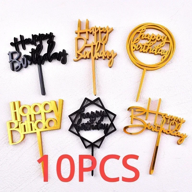 10 PZ Acrilico Buon Compleanno Torta Topper Stili Multipli Balck Oro Torta Topper Baby Shower Decorazione Festa di Compleanno Giocaше199