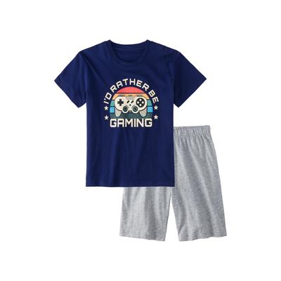 Pyjama AUTHENTIC LE JOGGER, Kinder, Gr. 134/140, blau (navy, grau meliert), Jersey, Obermaterial: 100% Baumwolle, meliert, Basic, bequem kurz, Rundhals, Kurzarm abgesteppte Kante, Homewear-Sets, Schlafanzug mit großem Gaming - Print vorn Image