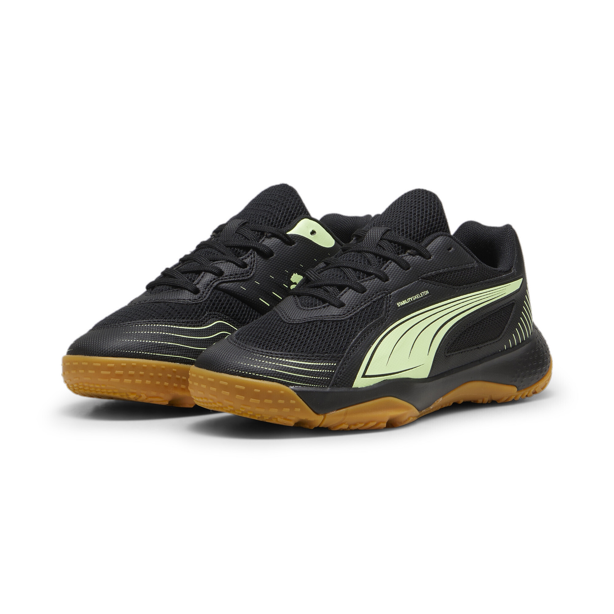 Sneaker PUMA "Solarflash III Hallensportschuhe Jugendliche", Kinder, Gr. 35,5, schwarz (schwarz fizzy apple gelb), Obermaterial: Textil, Synthetik; Futter: Textil; Innensohle: Textil; Laufsohle: Gummi, Schuhe Sneaker