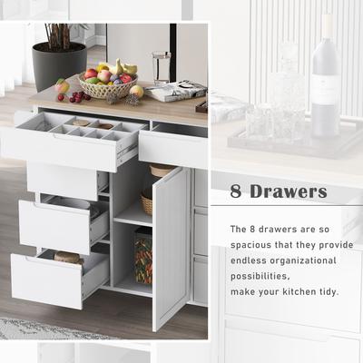 Kitchen Island on Wheels w/ 8 Handle-Free Drawers & Flatware Organizer