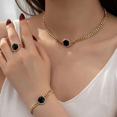 TEMU 1 Set Of Simple Temperament Black Hexagon Pendant Necklace Ring Bracelet 3pcs Jewelry Set For Women Banquet Accessories Image