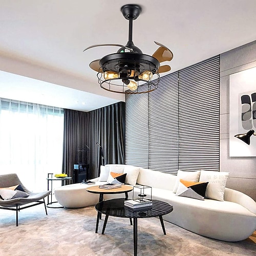 deckenventilator mit licht 42 industrie-deckenventilator mit einziehbaren flügeln, 3/6-geschwindigkeitssteuerungvintage-käfig-deckenleuchte mit fernbedienung für küche, esszimmer, wohnzimmer e26 schwarz Image