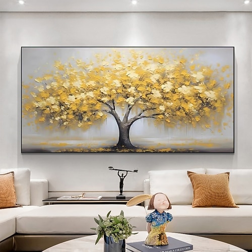 Handgefertigtes Ölgemälde auf Leinwand, Wandkunst-Dekor, originale gelbe Baumstruktur, Bäume in voller Länge für die Heimdekoration, mit gespanntem Rahmen, ohne Malerei im Innenrahmen Image