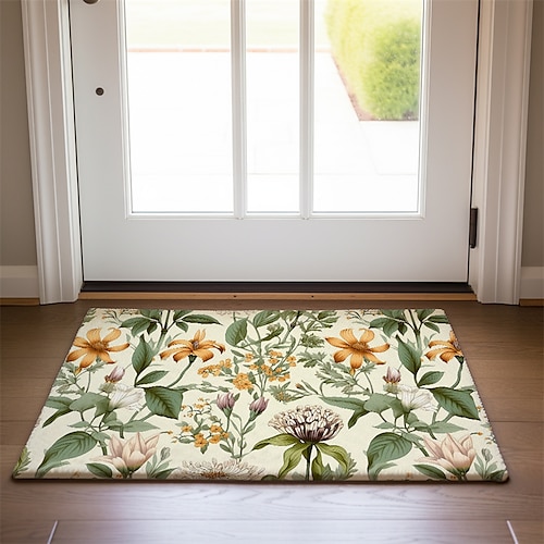 grün-gelbe florale Fußmatte, Fußmatten, waschbare Teppiche, Küchenmatte, rutschfester, ölbeständiger Teppich, Indoor-Outdoor-Matte, Schlafzimmerdekor, Badezimmermatte, Eingangsteppich Image