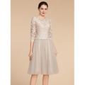 A-Linie Brautmutterkleid Hochzeitsgast Elegantes Petite Crew-Neck Knielang Spitze Tüll Halblangarm mit Falten Einfarbig 2025