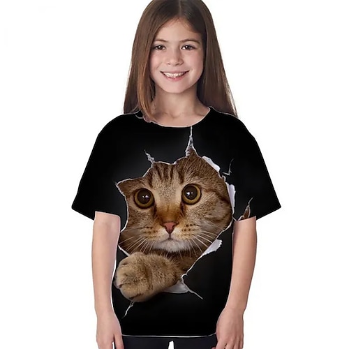 kinderkleidung Mädchen T-Shirt Tier Casual Kurzarm Rundhalsausschnitt Kuschelig 7-13 Jahre Sommer Schwarz Weiß Marineblau Image