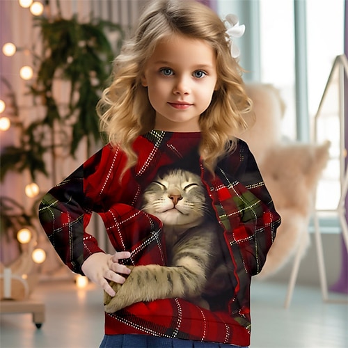 Mädchen 3D Plaid Katze Weihnachts-Sweatshirt Pullover Langarm 3D-Druck Herbst Winter Modisch Strassenmode bezaubernd kinderkleidung 3-12 Jahre 4-13 Jahre Rundhalsausschnitt Outdoor Casual Täglich Image