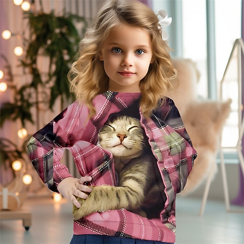 Mädchen 3D Plaid Katze Weihnachts-Sweatshirt Pullover Langarm 3D-Druck Herbst Winter Modisch Strassenmode bezaubernd kinderkleidung 3-12 Jahre 4-13 Jahre Rundhalsausschnitt Outdoor Casual Täglich Image