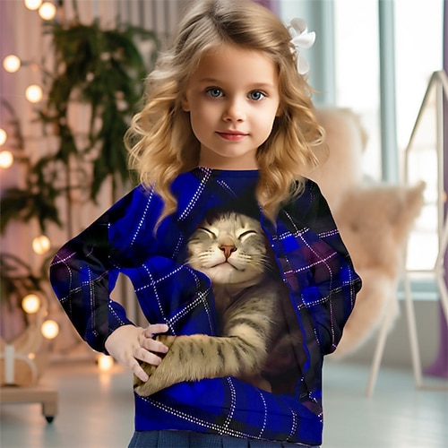 Mädchen 3D Plaid Katze Weihnachts-Sweatshirt Pullover Langarm 3D-Druck Herbst Winter Modisch Strassenmode bezaubernd kinderkleidung 3-12 Jahre 4-13 Jahre Rundhalsausschnitt Outdoor Casual Täglich Image