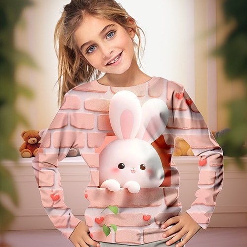 St. Patrick Mädchen 3D Hase Kaninchen Vierblättriges Kleeblatt T-Shirt Hemd Rosa Langarm 3D-Druck Frühling Herbst Aktiv Modisch Kuschelig Polyester kinderkleidung 3-12 Jahre Rundhalsausschnitt Image