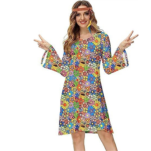 Hippie 1970er Disko Kleid Cosplay Kostüm Stirnband Trompetenärmel Hippie Disco Kostüm Damen Mädchen Halloween Karneval Maskerade Party-Abendmode Pride Parade Pride-Monat Erwachsene Kleid Stirnband Image