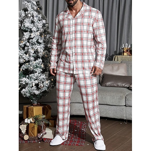 Herren Hausanzug Schlafanzüge Schlafanzug Set Pyjama-Oberteil und Hose 2 Stück Plaid Stilvoll Brautkleider schlicht Komfort Heim Täglich Bett Baumwollmischung Komfort Weich Kargen Langarm Hemd Hose Image