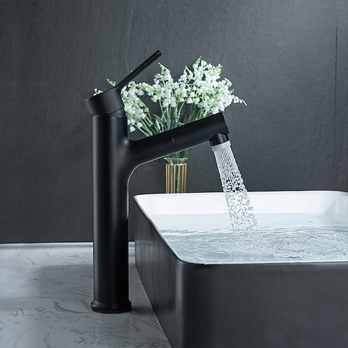 Ausziehbarer Waschbecken-Mischer-Wasserhahn mit 2-Modus-Auslaufbrause, herunterziehbare Einhand-Waschtischarmaturen an Deck montiert Image