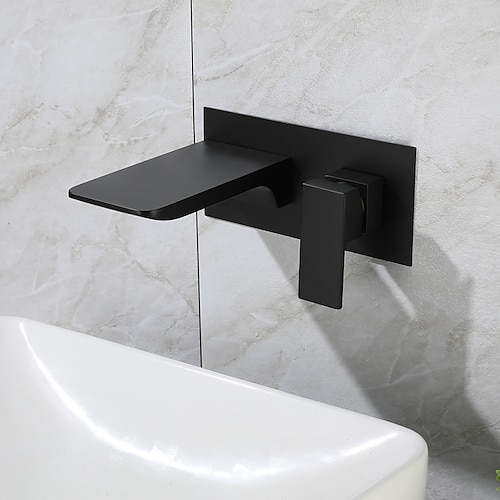 Waschbecken Wasserhahn - Wandhalterung / Wasserfall galvanisiert / gebürstetes Gold / schwarz lackierte Oberflächen montieren in wandmontierten Badewannenarmaturen Image