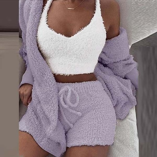 Damen Warm Geschenk Pyjamas Sets Heim Party Strasse Valentinstag Polyester Plüsch Einfach Weich Sport Trägertop Kurze Hosen Herbst Langarm Ärmellos Image