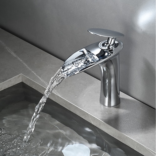 Wasserfall-Waschbecken-Mischbatterie, Mono-Waschbecken Einhand-Waschtischarmaturen mit heißem und kaltem Schlauch Monoblock-Gefäß Wasserhahn aus Messing an Deck montiert Image