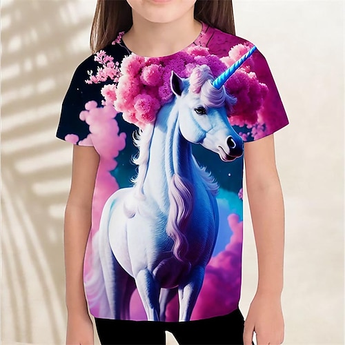 Mädchen 3D Graphic Einhorn Wolke T-Shirt Kurzarm 3D-Druck Sommer Frühling Aktiv Modisch Kuschelig kinderkleidung 3-12 Jahre Outdoor Casual Täglich Regular Fit Image