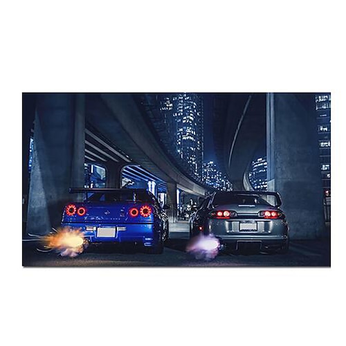 Auto-Wandkunstbild GTR R34 vs Supra-Fahrzeug, modernes Leinwandgemälde, Poster und Druck für Wohnzimmer, Schlafzimmer, Heimdekoration Image
