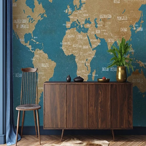 Weltkarte Tapete Wandbild Vintage Atlas Wandverkleidung Aufkleber zum Abziehen und Aufkleben, entfernbares PVC/Vinyl-Material, selbstklebend/Kleber erforderlich, Wanddekoration für Wohnzimmer, Küche, Image