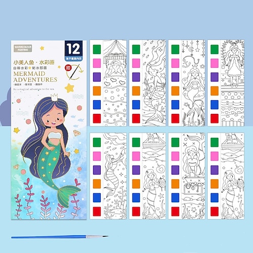 12-teiliges Aquarell-Malbuch für Kinder, Mal- und Zeichenbuch für Schüler, Zeichen- und Malpapier mit integriertem Aquarellstift, der die Konzentration der Kinder verbessert Image