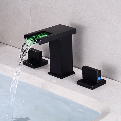 Weit verbreiteter Badezimmer-Wasserhahn, Wasserfall-Waschtischmischer, Waschtischarmaturen, LED, 3 Farben mit Temperatur, Messing, 3 Löcher, 2 Griffe, Deckmontage, Waschraum-Wasserhahn mit heißem und kaltem Schlauch Image
