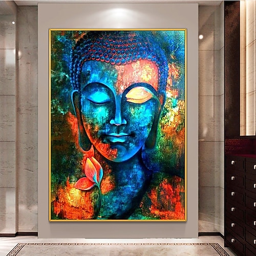 Handgefertigtes Ölgemälde auf Leinwand, Wandkunst, Dekoration, moderne asiatische religiöse Buddha-Statue für Wohnkultur, gerolltes, rahmenloses, ungedehntes Gemälde Image