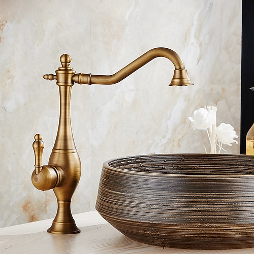 Küchenarmatur, Hochbogen-Einhandgriff, ein Loch, drehbarer Standardauslauf, Retro-Küchenarmaturen (Antikmessing/Kugel) Image