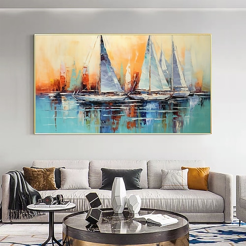 Handgefertigtes Ölgemälde auf Leinwand, Wandkunst-Dekor, originelles, farbenfrohes Segelboot in voller Größe für die Heimdekoration, mit gespanntem Rahmen, ohne Innenrahmen-Gemälde Image