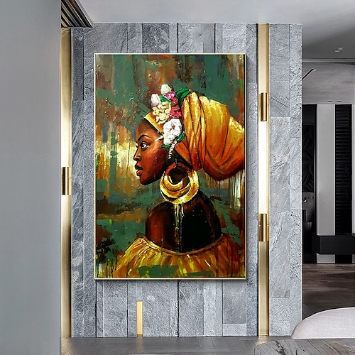 Handgefertigtes Ölgemälde auf Leinwand, Wandkunst, Dekoration, Porträt, afrikanisches Mädchen, für Wohnkultur, gerollt, rahmenlos, ungedehnt Image