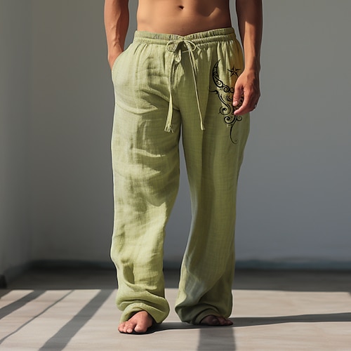 Herren Grafik Stern Totem Leinenhosen Hosen Hose Baggy-Hosen Mittlere Taille Lässig Urlaub Alltagskleidung Ausgehen Frühling Herbst Schwarz Blau Grün Image