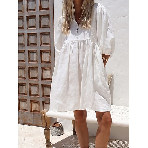 Damen Minikleid Kaftan Kleid Weißes Kleid Baumwoll-Leinen-Kleider schwarzes kleid Basic Modern Täglich Wochenende Lässiger Schnitt Einfach Dreiviertelarm V Ausschnitt Schwarz Weiß Rosenrot Sommer Image