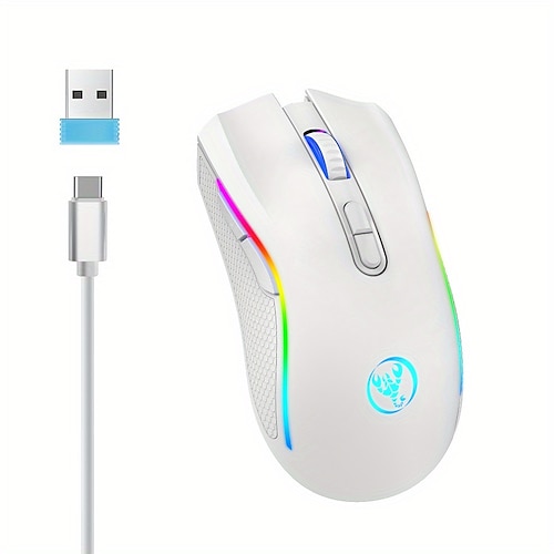 2,4 g kabellose Maus, RGB-Licht, wiederaufladbar, 4800 dpi, verstellbar, USB, Plug-and-Play, optische Maus, Spiel, Heimbüro, Schwarz/Weiß Image