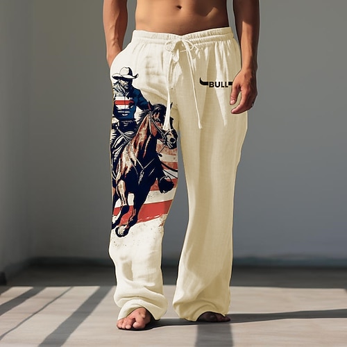 Herren Cowboy Leinenhosen Hosen Hose Baggy-Hosen Mittlere Taille Vintage Outdoor Alltagskleidung Streetwear Herbst Winter Weiß Grün Khaki Image
