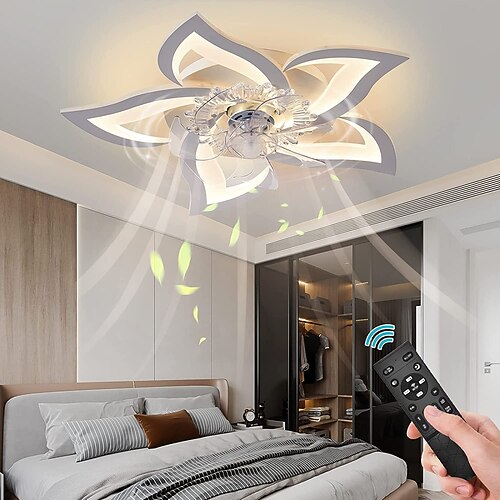 LED-Deckenventilatoren, dimmbar mit Fernbedienung, Blumendesign, 25,7 Zoll, 5 Köpfe, Unterputz-Deckenleuchte, Acryl-Lampenschirm, Kronleuchter, Schlafzimmer, Wohnzimmer Image