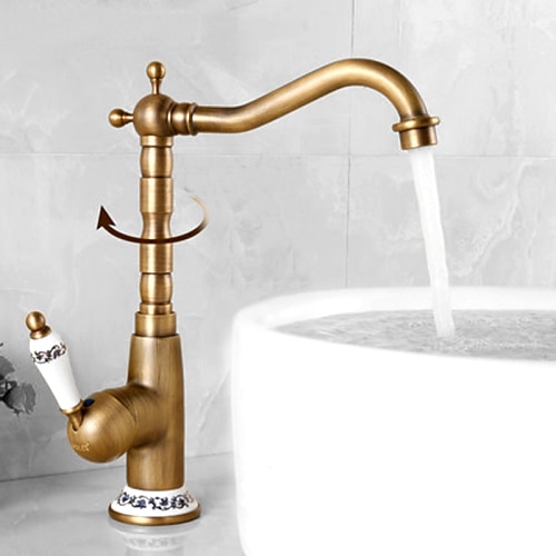 Luxuriöser Waschtisch-Waschtischarmatur im Retro-Stil, zentral eingestellter, hoher Bogen, Ein-Loch-Waschtischarmatur mit Keramikgriff und Schalter für heißes und kaltes Wasser, gewerblicher Image