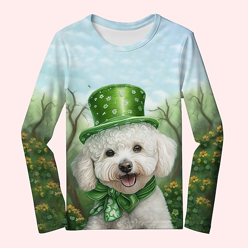 st. Patrick Mädchen-T-Shirt mit 3D-Hund, langärmlig, 3D-Druck, Frühling, Herbst, aktiv, modisch, niedlich, Polyester, Kinder 3–12 Jahre, Rundhalsausschnitt, Outdoor, lässig, täglich, normale Passform Image