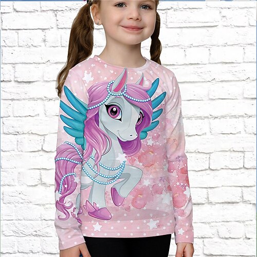 Mädchen 3D Tier Einhorn T-Shirt Langarm 3D-Druck Sommer Frühling Herbst Aktiv Sport Modisch kinderkleidung 3-12 Jahre Outdoor Täglich Innen Regular Fit Image
