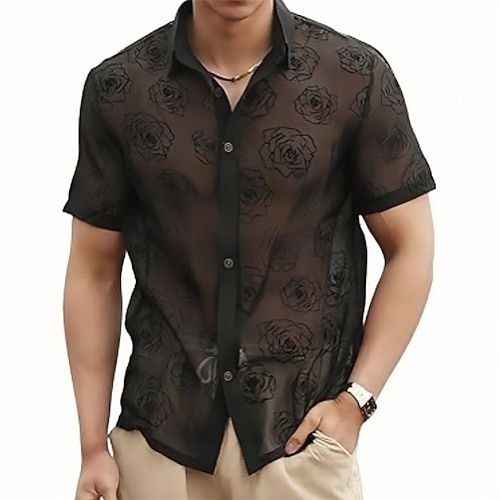 Per uomo Camicia Camicia Estiva Camicia a rete Camicia trasparente Camicetta trasparente Nero Manica Corta Rosa Semplice Collo ripiegato Vacanza Camicia hawaiana Rete Abbigliamento Poliestere Moda