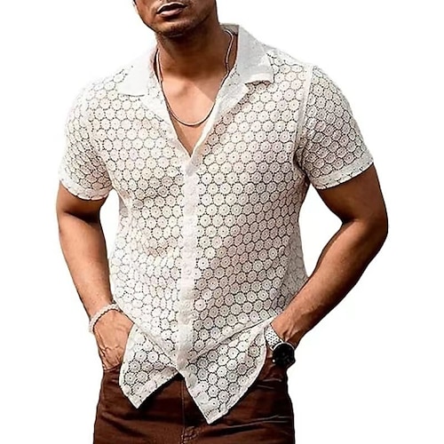 Per uomo Camicia Camicia Estiva Camicia a rete Camicia trasparente Camicetta trasparente Bianco Manica Corta Semplice Collo Camp Vacanza Camicia hawaiana Rete Abbigliamento Poliestere Moda Casual