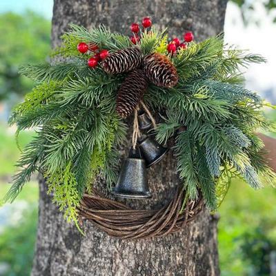 Christmas Wreath Boho Wreath, 17.7'' Artificial Golden Bell Wreath, Xmas Tree Front Door Hanging Garland, Handmade Pine Ring Grapevine Wreath, Celebration Xmas Decor